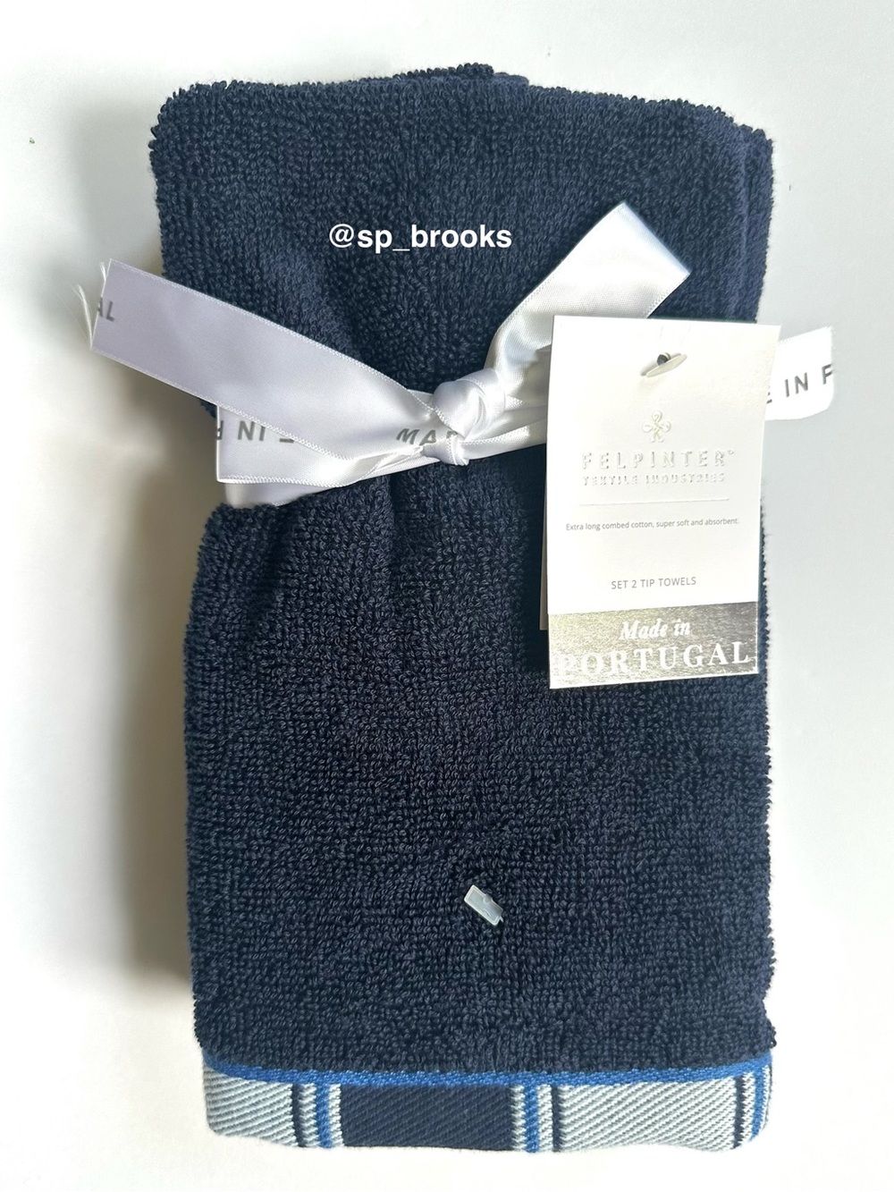🎁2PC FELPINTER Tip Towel Set - Navy Blue with Woven Striped Piping - Cotton